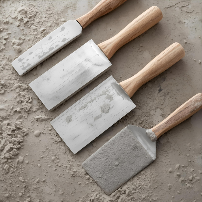 Espátulas rígidas y flexibles, de plástico y acero, para cemento, pintura y acabados. Herramientas profesionales para albañiles y pintores.