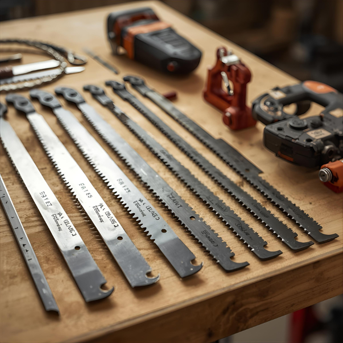 Mesa con seguetas para metal y madera, bimetálicas, universales y Lenox, para arco y caladora. Casa Ferretera Poniente. 