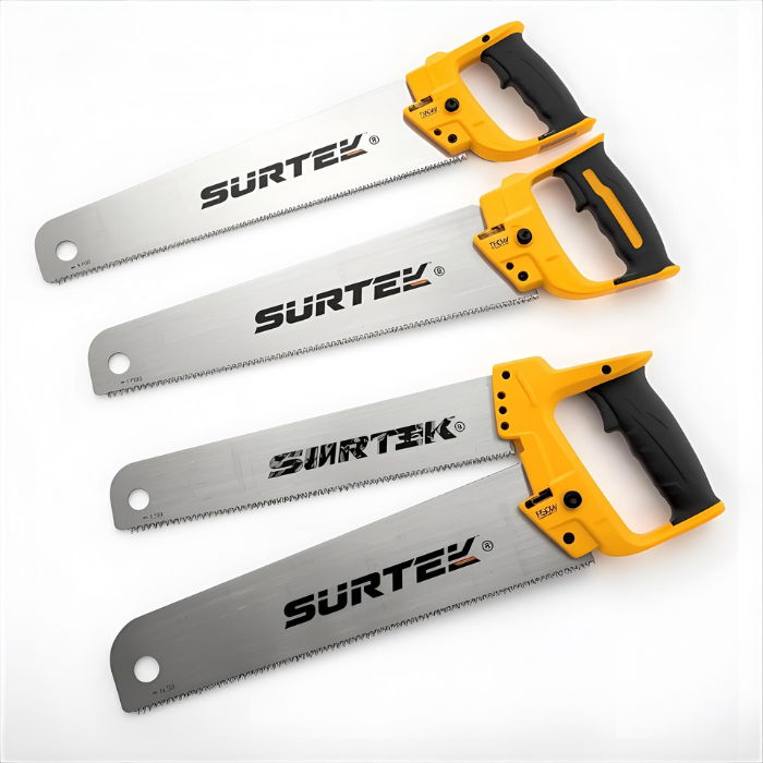 Serruchos de mano y poda para madera, tablaroca y jardinería, disponibles en marcas Surtek y Toy con diversos tamaños y tipos de hoja.