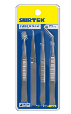 Juego de pinzas de presición tweezer, 4 piezas Surtek