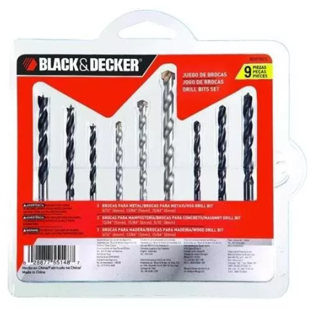 Juego Brocas 9pzas para Madera, Metal y Concreto Black&Decker