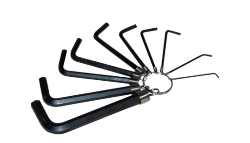 Juego de llaves hexagonales milimétricas tipo L sobre fondo blanco, acero duradero. Casa Ferretera Poniente.