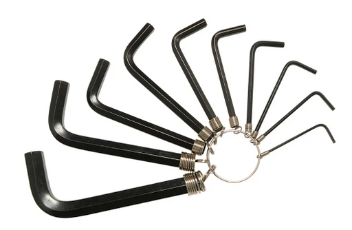 Juego de llaves hexagonales pulgadas tipo L sobre fondo blanco, acero resistente con argolla. Casa Ferretera Poniente.