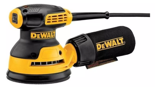 Lijadora orbital Dewalt hoja 5” sobre fondo blanco, ideal para acabados finos en madera o metal. Casa Ferretera Poniente.
